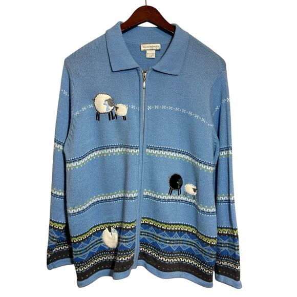 Vintage Allison Daley Fair Isle Black Sheep Cardigan Sweater Full Zip Large - Picture 1 of 8